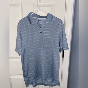 Blue and white striped Adidas polo shirt